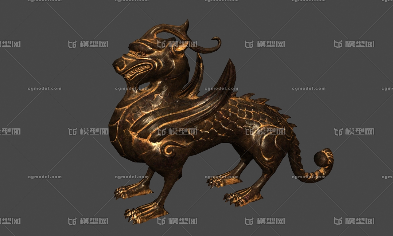 中国古代神兽 麒麟 獬豸 铜像 金像 古代房屋 装饰 摆件
