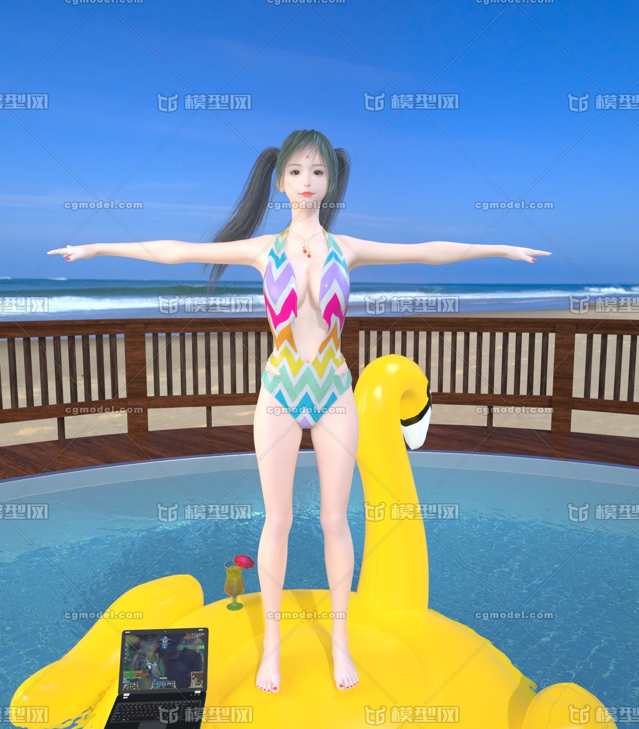 maya标准绑定 国风 泳池派对 性感 萝莉 双马尾 玩游戏 美少女 tpose