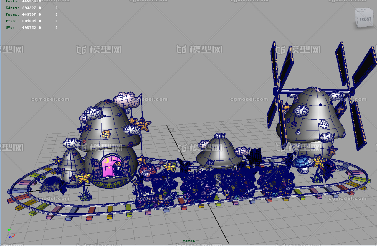 蘑菇村 火车钻山洞 卡通 动漫 村落 云朵 游乐设