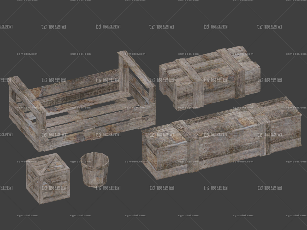 手绘 木制品低模 木箱 木桶 木板箱 武器箱 水果箱 水桶 木桶 货箱
