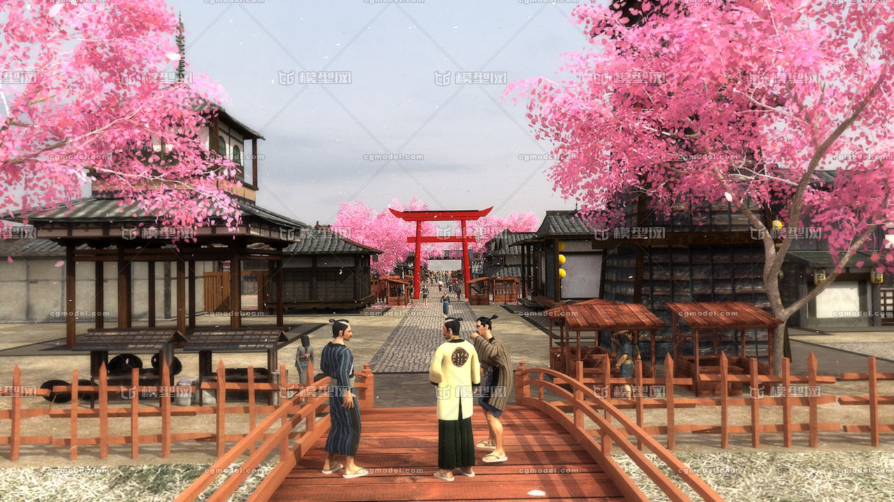 古代日本集市 日系日式古建城镇 和服男女人物角色 樱花桃花 农民作村落