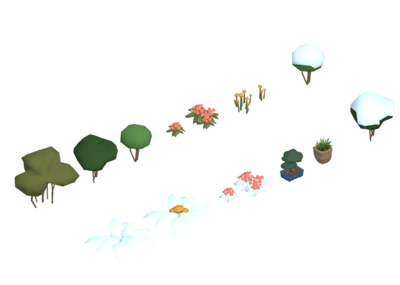lowpoly 低多边形 卡通像素 植物树木 大树 盆栽 雪地树木 盆景 小花