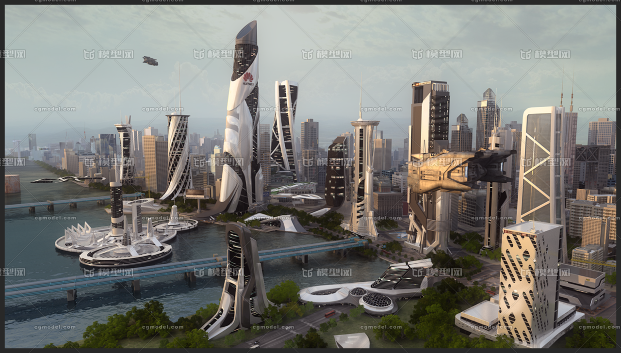 写实科幻未来城市鸟瞰cbd场景,科幻,cbd,悬浮道路,科技未来,飞行器