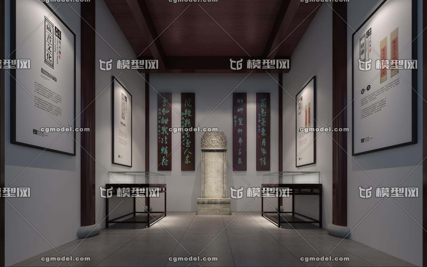 古建空间 中式展厅 中式厅堂 中式大厅 矮柜 图文展板