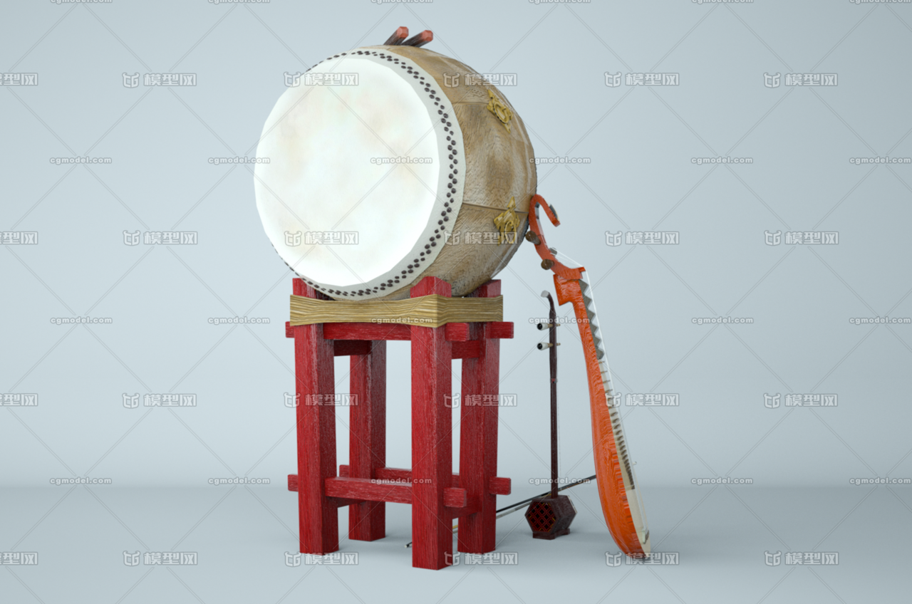 古代乐器 中国风 大鼓 琵琶 二胡 春节鼓 中国古代乐器精细模型