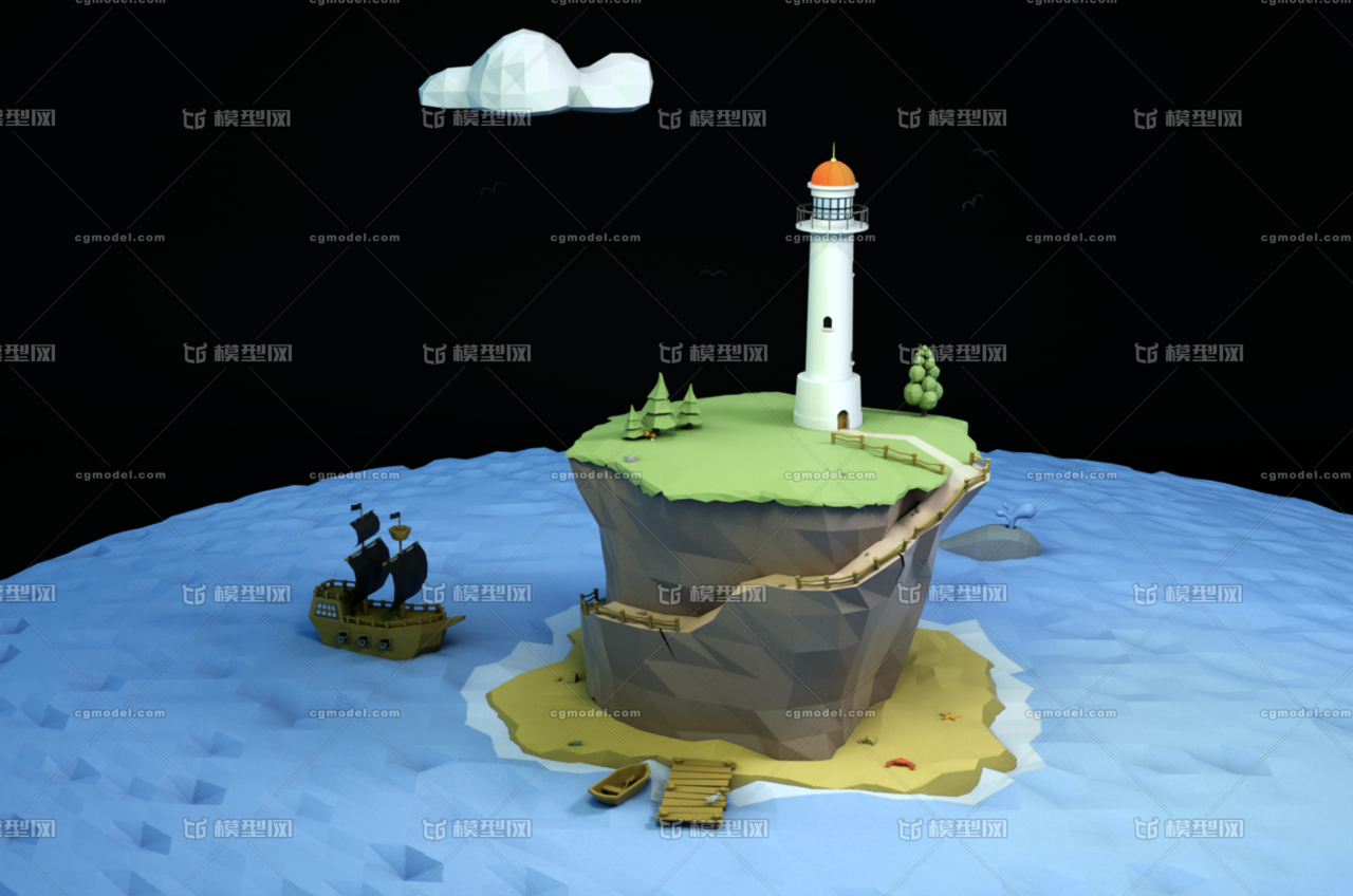 lowpoly海面灯塔 低面 q版 卡通 船 鲸鱼 孤岛 完整场景