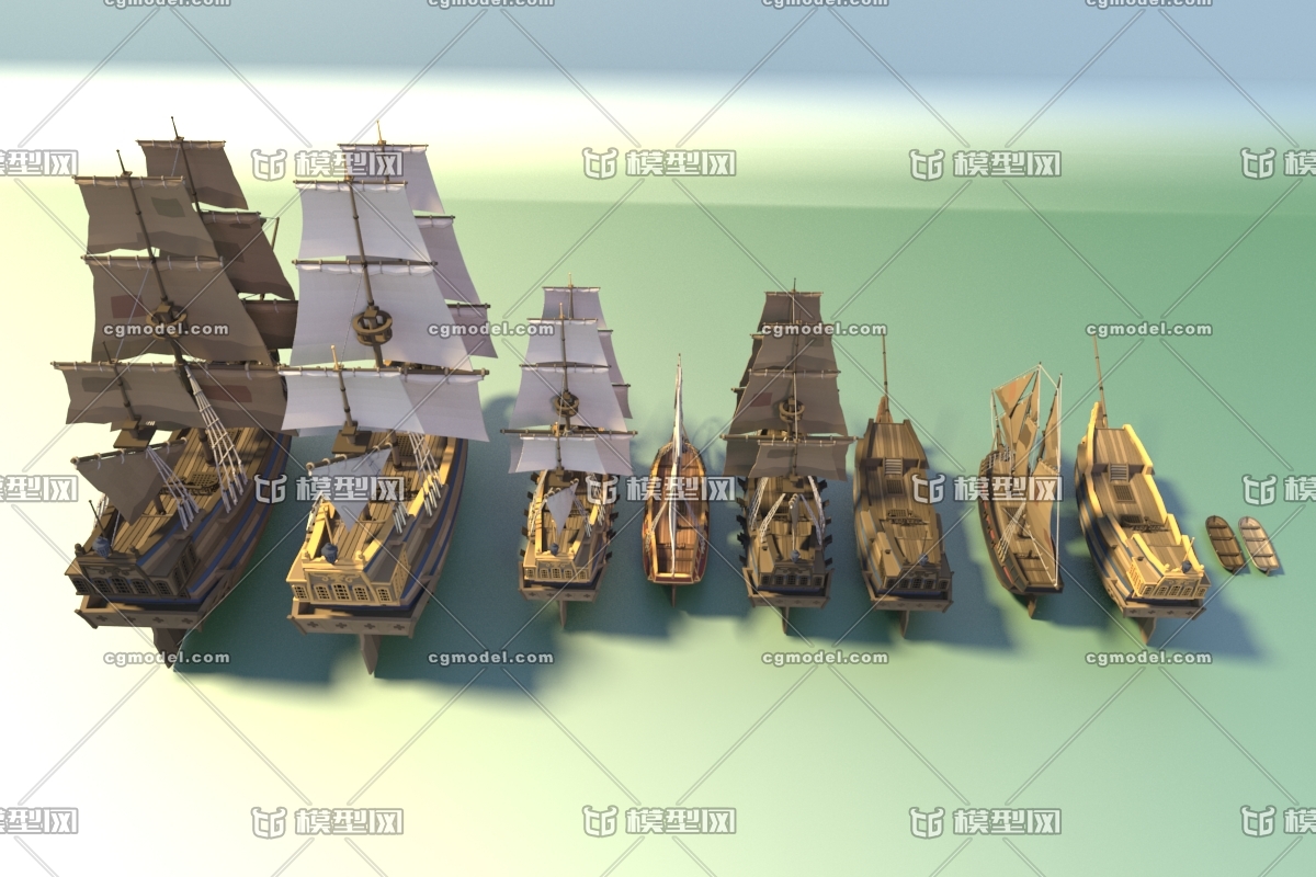 low polygon,简面卡通欧洲帆船模型,10种中世纪商船,战船,海盗船,小船