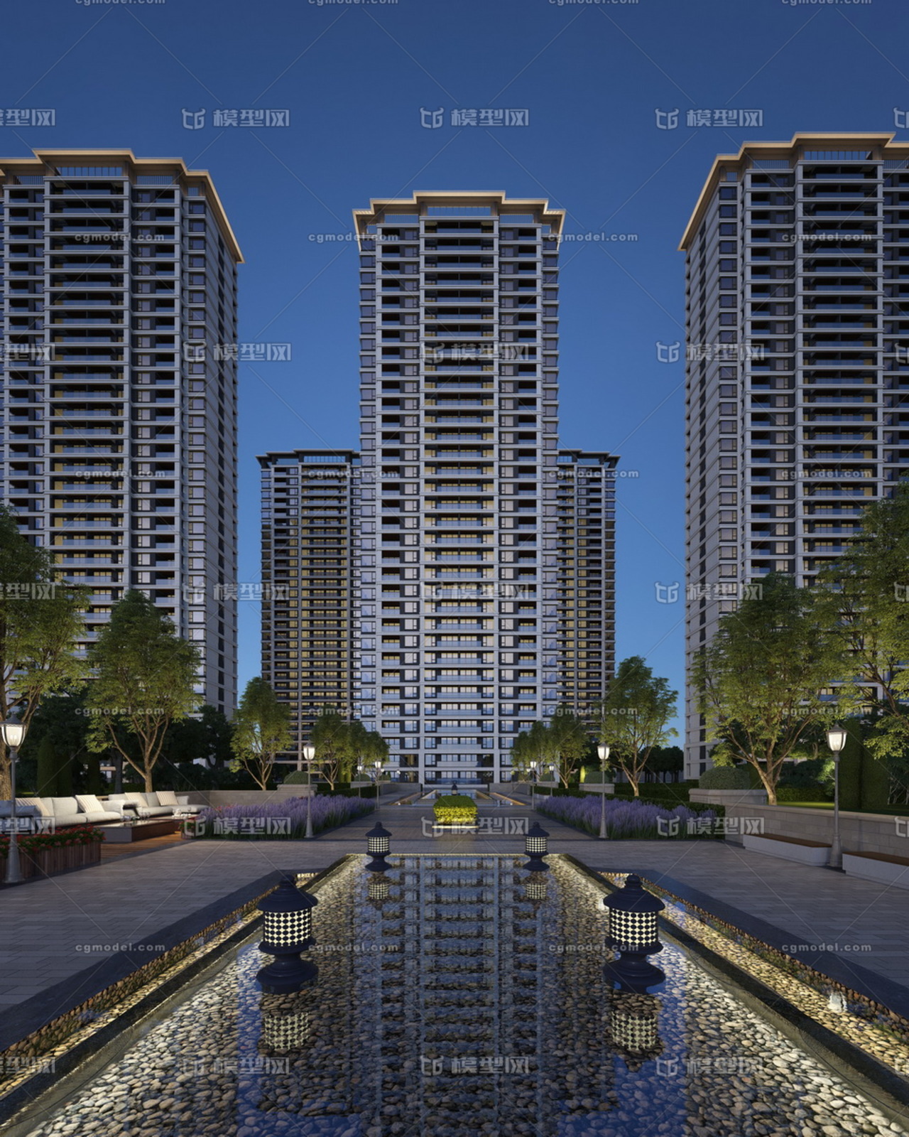 住宅区正透视,住宅水景透视,人工湖,小区园林景观夜景,住宅夜景,高端