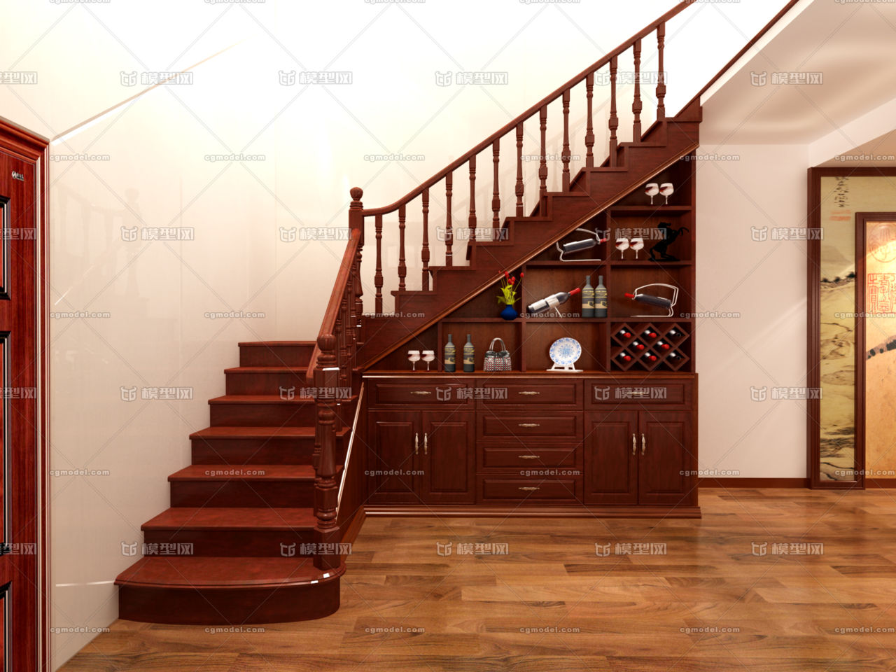 中式实木楼梯,酒柜,楼梯间,实木地板