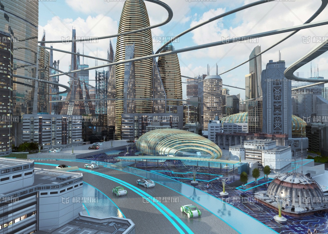 写实未来城市科幻场景,相机动画抬起,汽车有行驶的动画,场景动画参看
