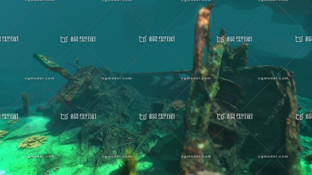 海底沉船场景 海底 沉船 水底 珊瑚礁 深海场景 海底植物 海藻水草