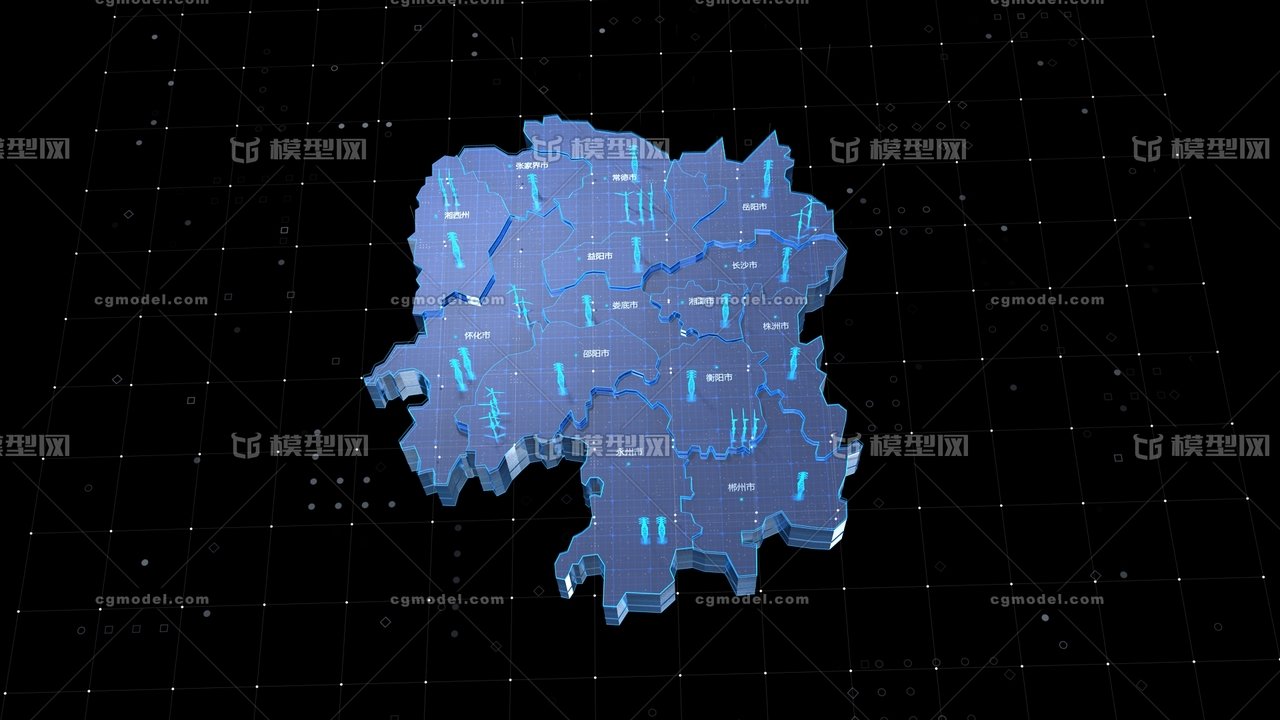 湖南省地图 风力地图 电力地图 科技感三维地图 科幻三维地图包装