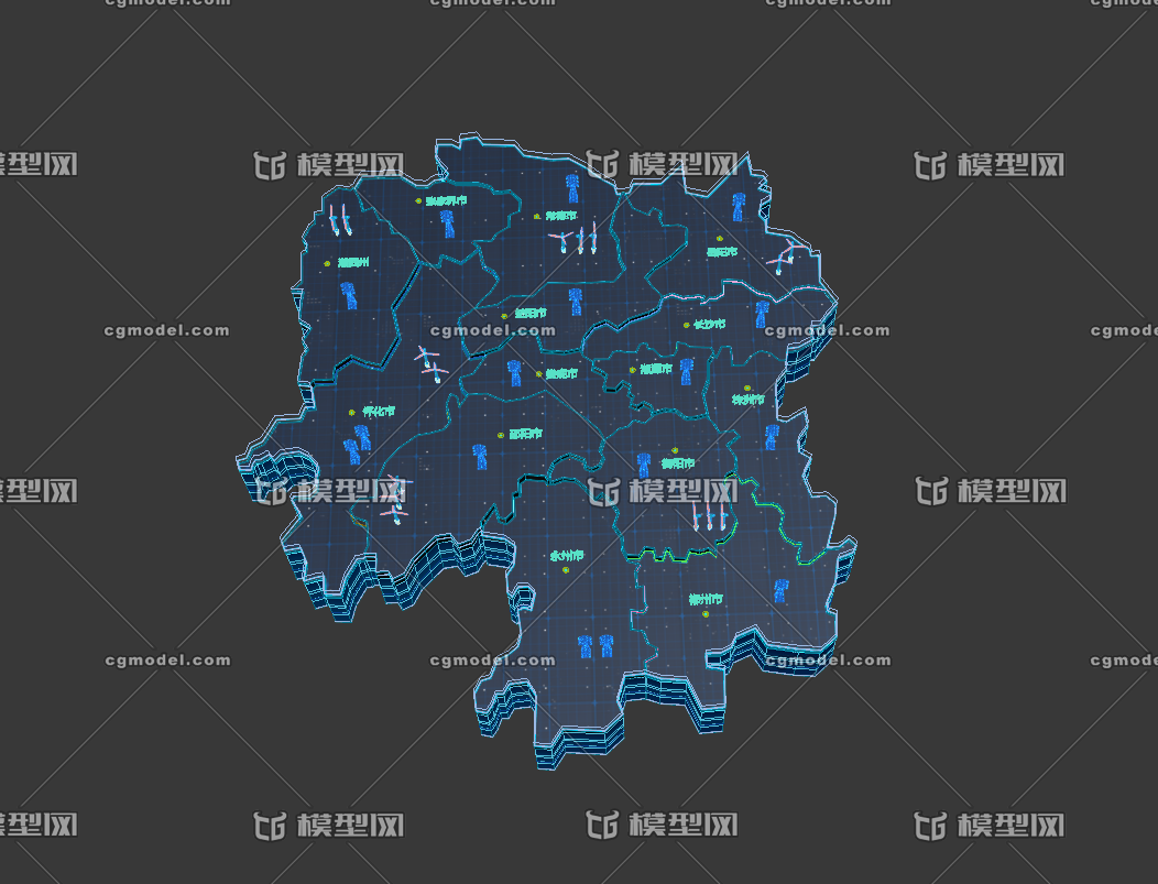 湖南省地图 风力地图 电力地图 科技感三维地图 科幻三维地图包装