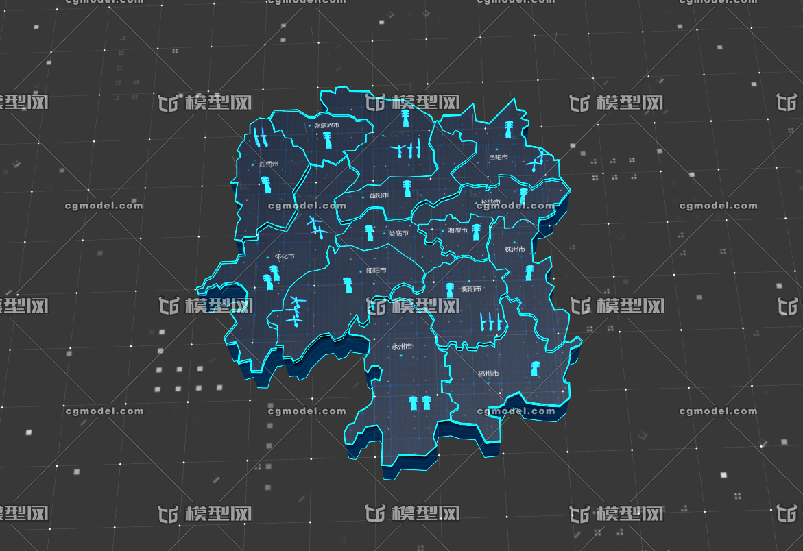 湖南省地图 风力地图 电力地图 科技感三维地图 科幻三维地图包装