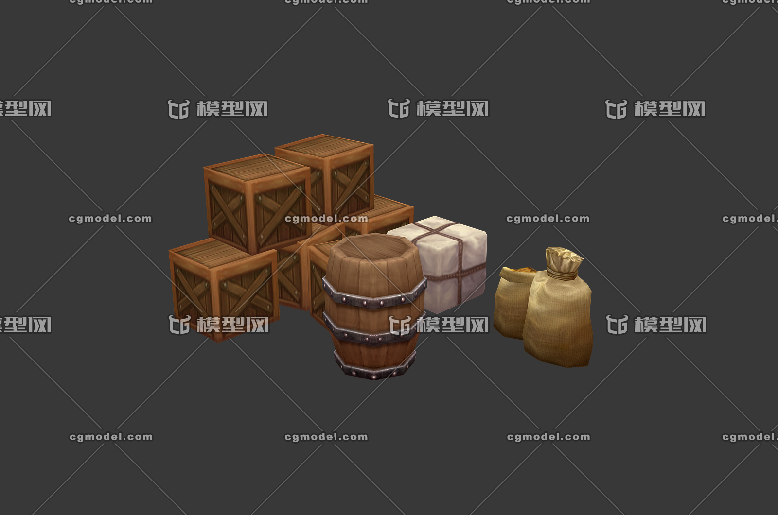 卡通q版杂物 杂货 木箱 木桶 麻袋 金_skjbill作品_场景场景部件_cg