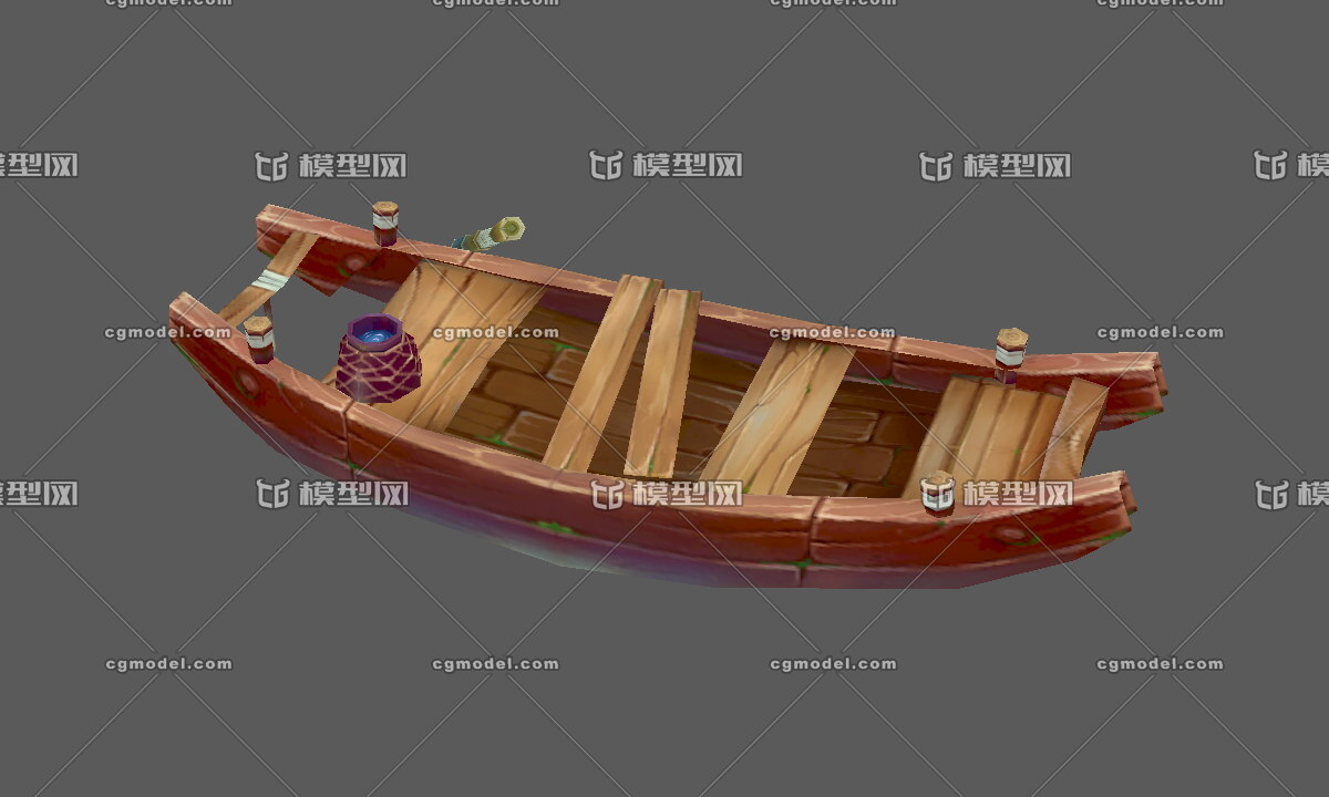 手绘木船,独木舟,小木筏,渔船,木桨,鱼_cg盐巴作品_船艇古代船/仿古船