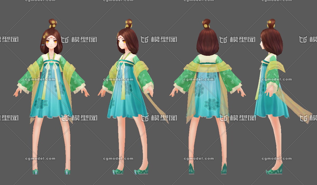 手绘卡通古代少女,唐朝小姑娘,可爱小女孩,蓝色唐装短裙,汉服,和服