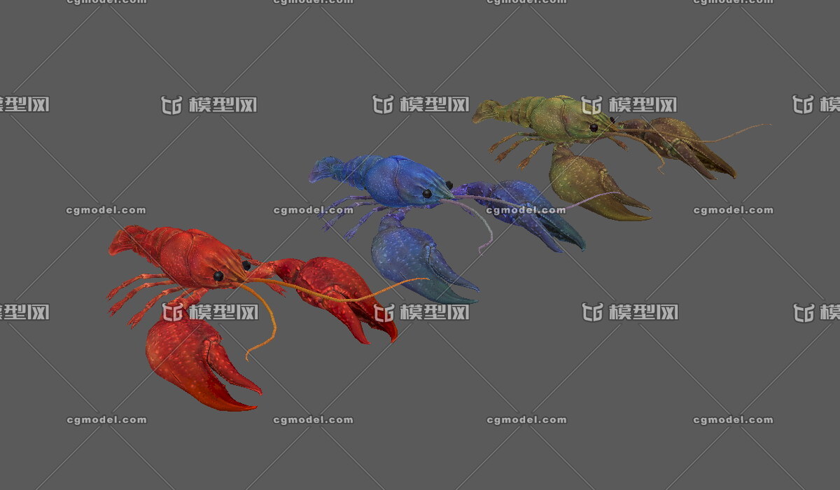 三只龙虾,手绘卡通大虾,龙头虾,虾魁,海虾,虾王,蟹虾,螯虾,有法线