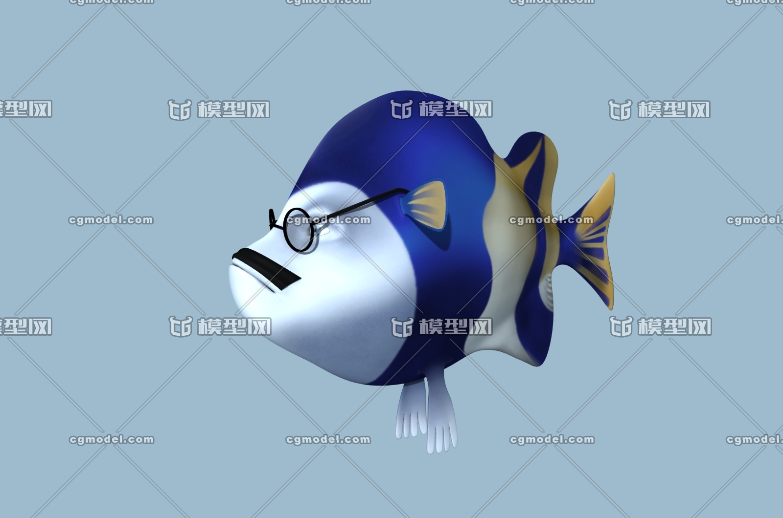 戴眼镜鱼博士 博士鱼 蓝色卡通鱼 海鱼
