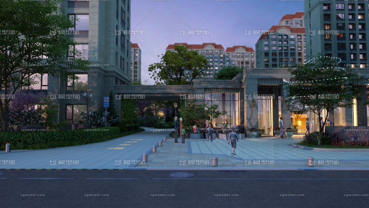 建筑小区 入口 人车分流 傍晚 亮灯动画场景