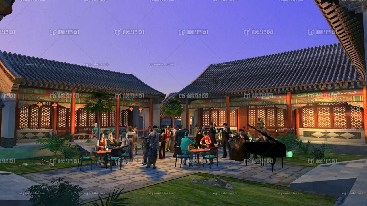 四合院夜景,人群聚会-古代场景-场景-888lin-cg模型网