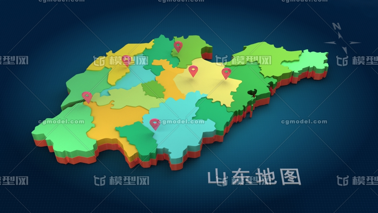 中国三维地图分块模型——山东省地图模型 3d地图 都是未塌陷的模型