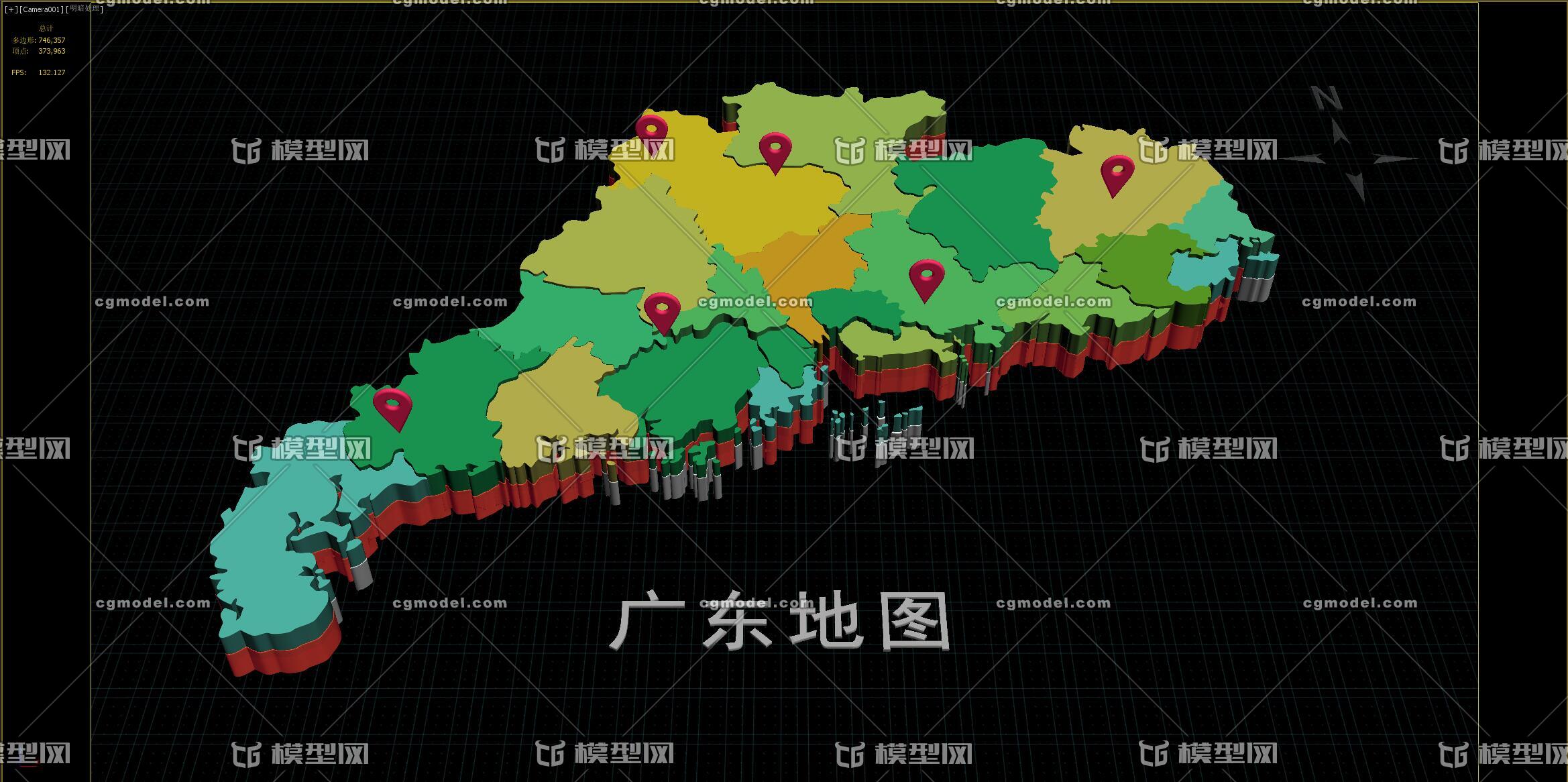 中国三维地图分块模型——广东省地图模型 3d地图 都是未塌陷的模型