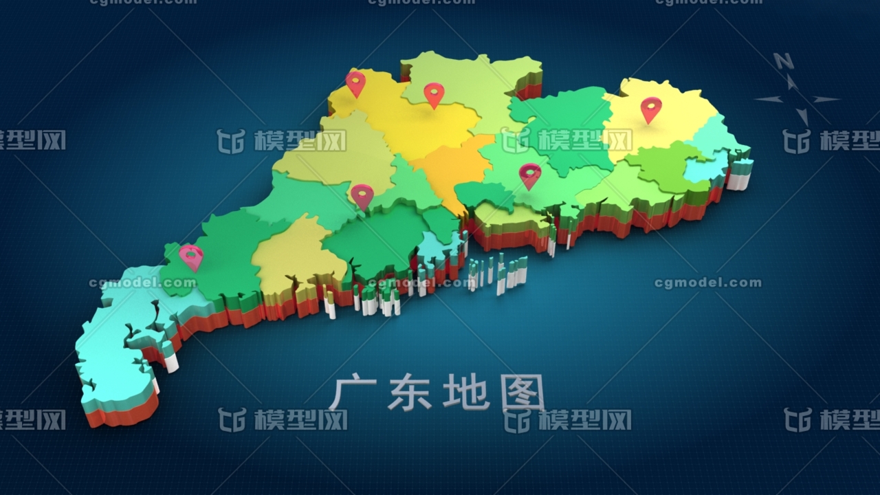 中国三维地图分块模型——广东省地图模型 3d地图 都是未塌陷的模型