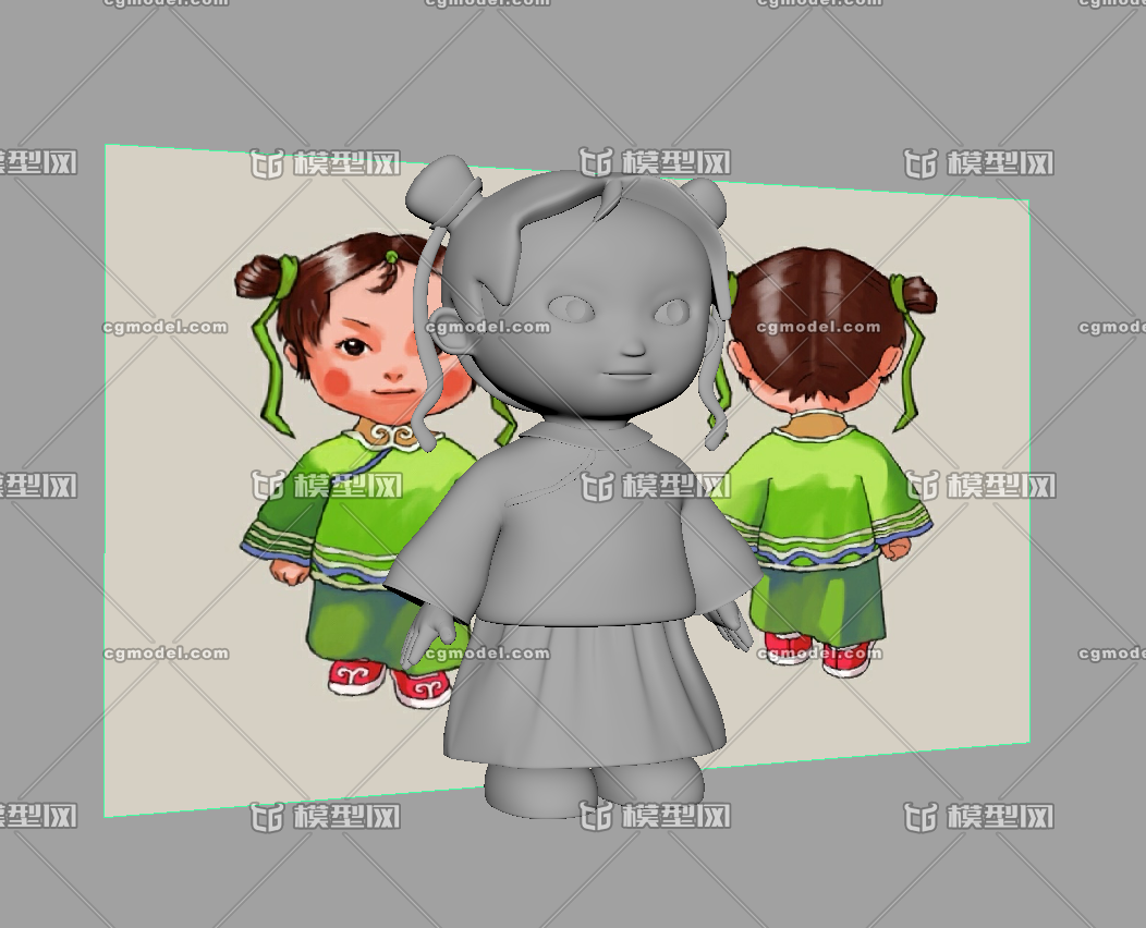 三视图建模作业卡通古代小女孩小姑娘小孩模型带工程文件步骤过程源