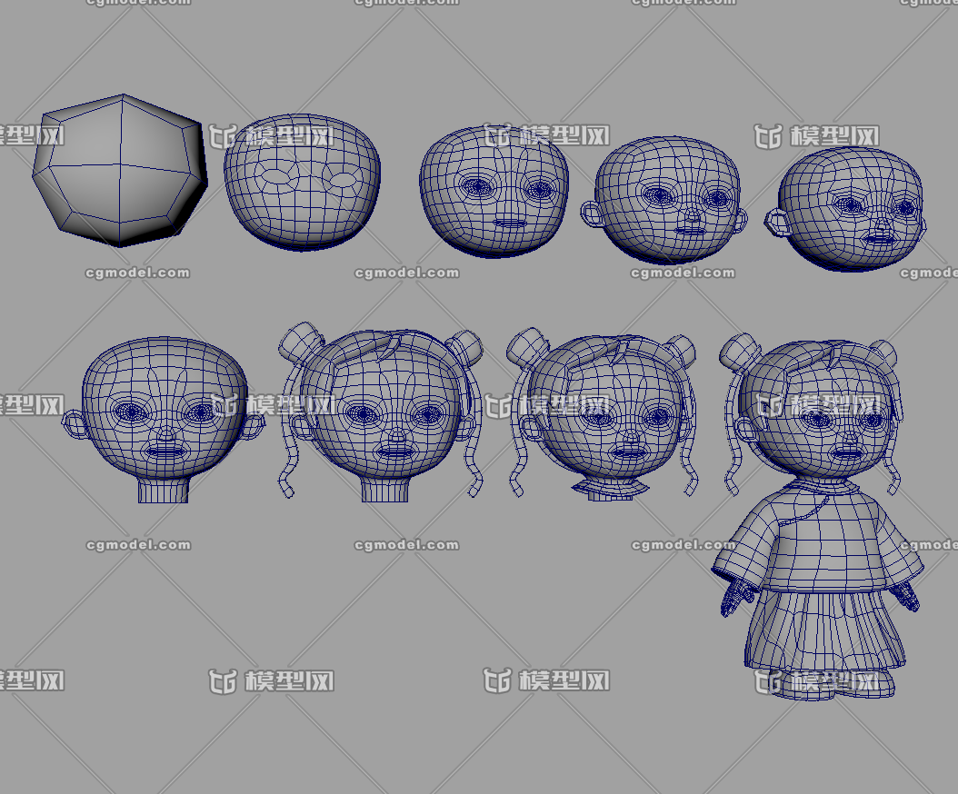 三视图建模作业卡通古代小女孩小姑娘小孩模型带工程文件步骤过程源