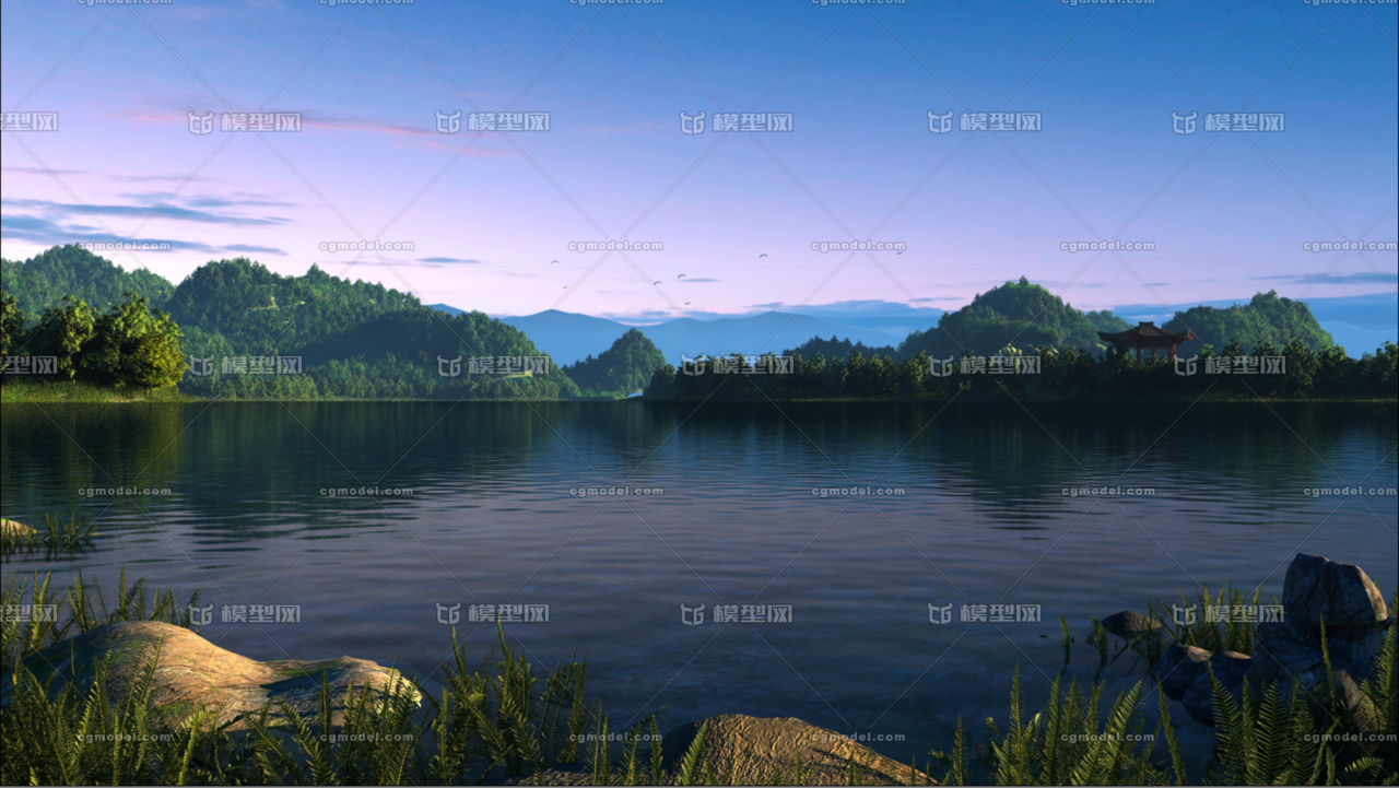 山水湖景,湖面看远山,水边,岸边,水库,写实水景.群鸟