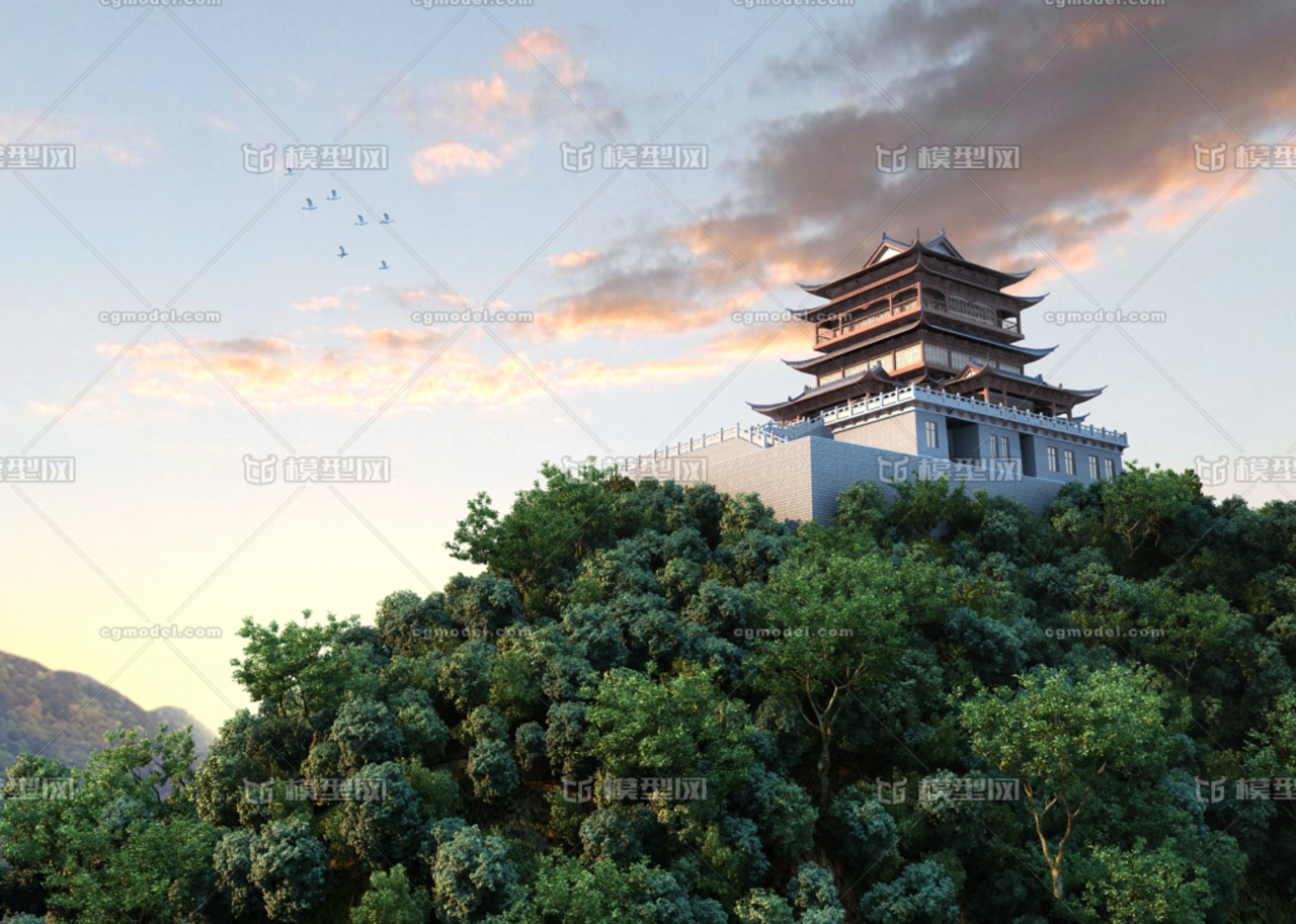 写实山上古建筑场景,山林,古建筑,寺庙,古楼,树,植物,山顶,观景台