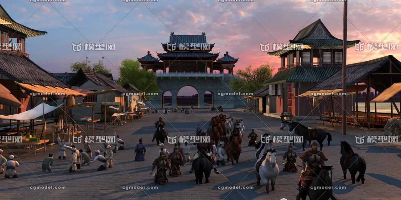 古代商队,集市,古代人物,古建集市,马车_模型制造作品