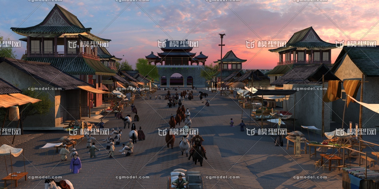 古代商队,集市,古代人物,古建集市,马车_模型制造作品