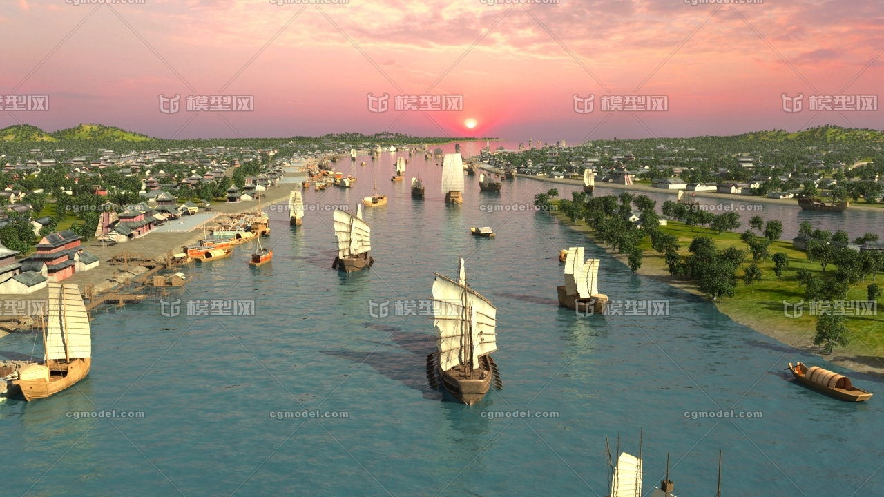 古代码头 大运河 古镇 古代建筑群 古城_小孩123作品_场景古代场景_cg