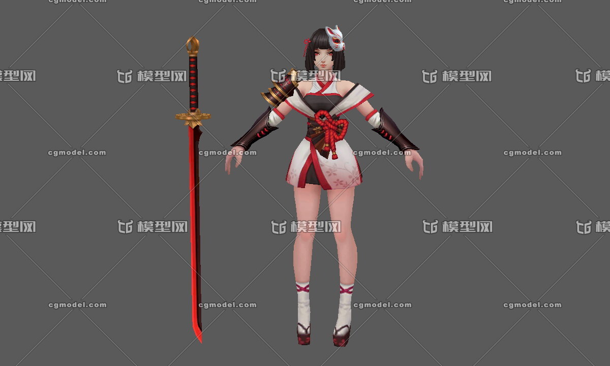 手绘卡通女武士 女杀手 东洋武士 日本女孩 东瀛人 和服 福猫 刀