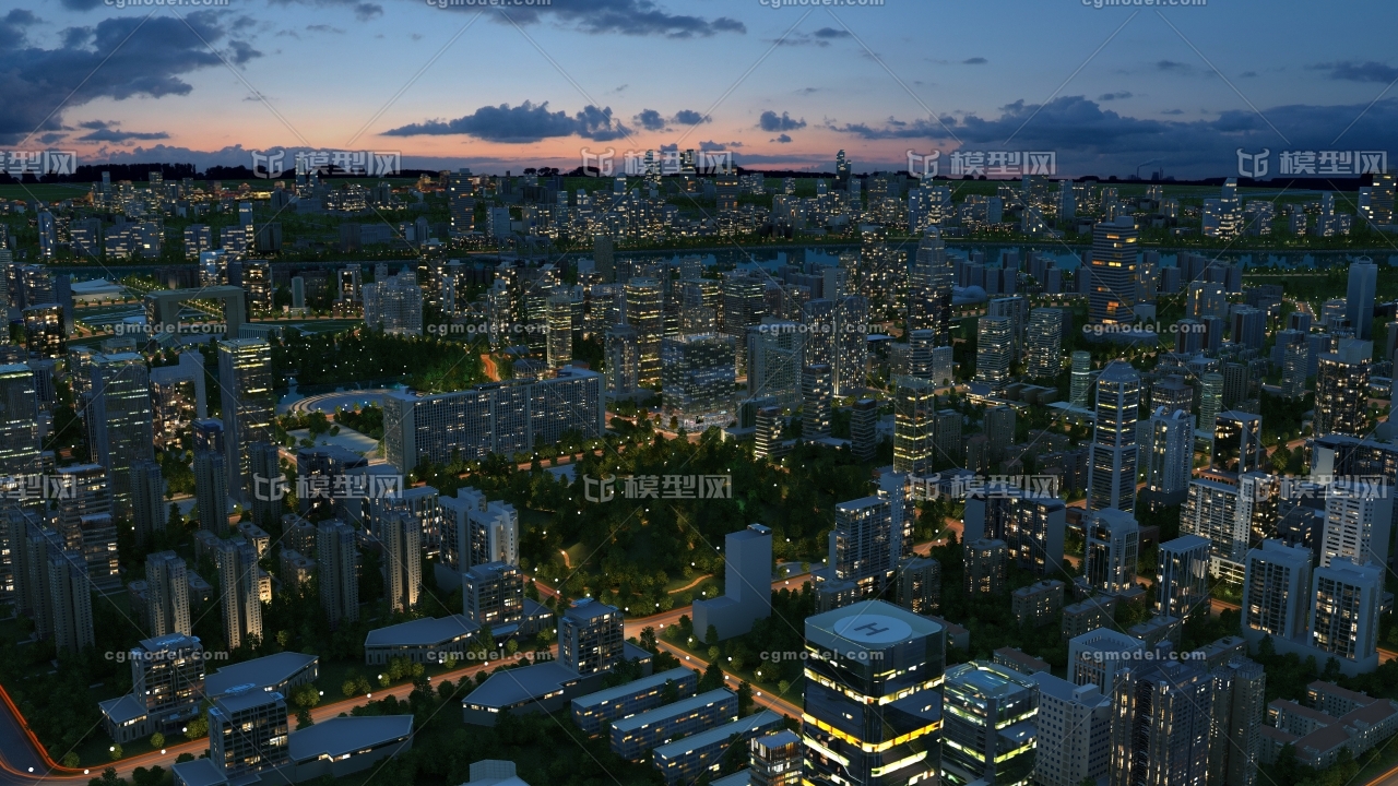 城市夜景鸟瞰 广场 动画 商业街 江边小_小孩123作品_场景现代场景_cg