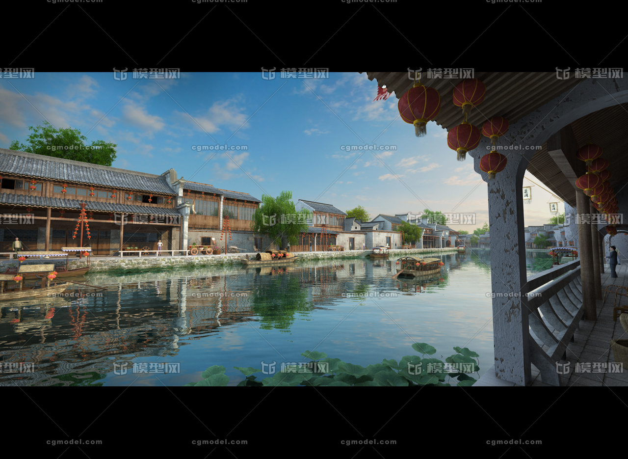 水街 古代运河 古船 雨景转白天 水镇 乌镇 古建 水乡 阴天 小镇