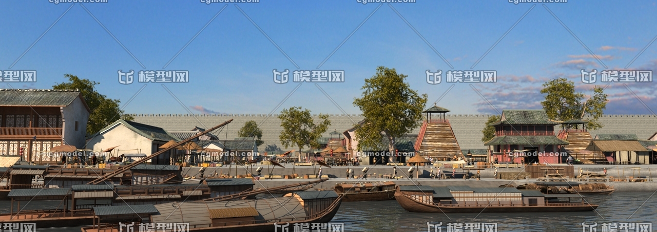 古代场景 码头 港口 木船 中国船 古代商业街 古代河边 古代人 货船