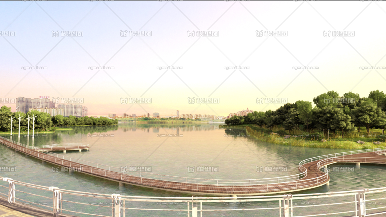 写实公园湖景 公园木栈桥 铁艺桥 异形木桥 湖景看城市 湖景看建筑