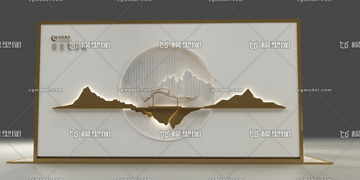 房地产展台 金色展厅 接待台 沙盘 中式座椅