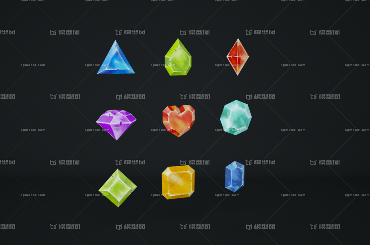 手绘宝石 游戏模型 游戏宝石 游戏道具 各种形状的宝石 心形宝石 钻石
