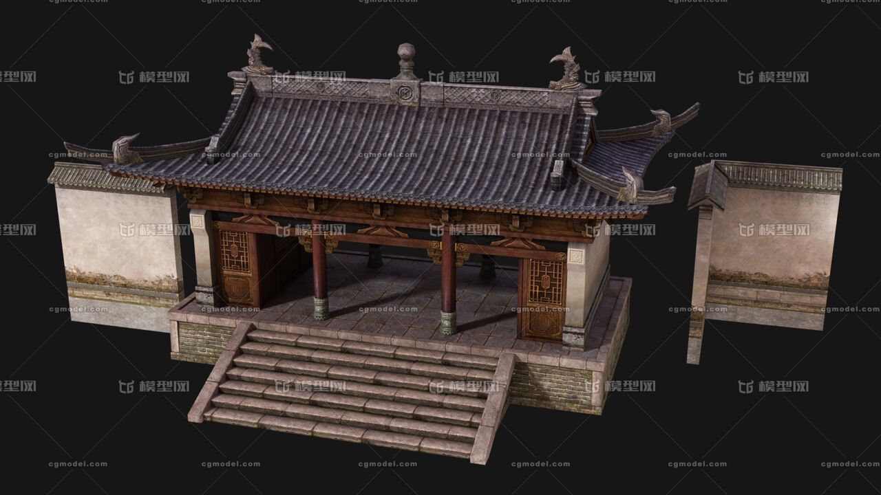 pbr古建园林大门 古代建筑 围墙 门坊 庭院 花园 园林 正门 侧门 大门