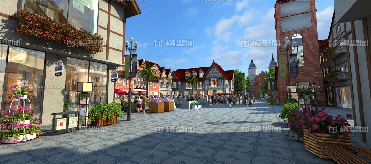 欧式小镇商业街舞台t台走秀-现代场景-场景-傲-cg