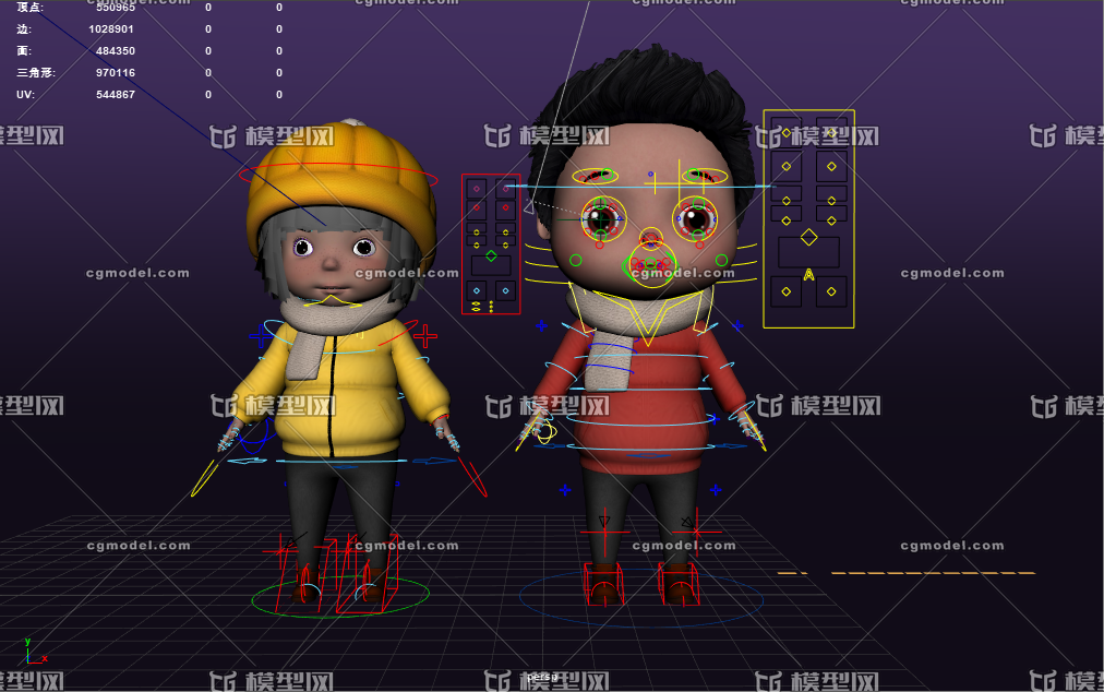 maya小男孩小女孩卡通人物三维角色动画制作建模绑定一家人可爱男孩