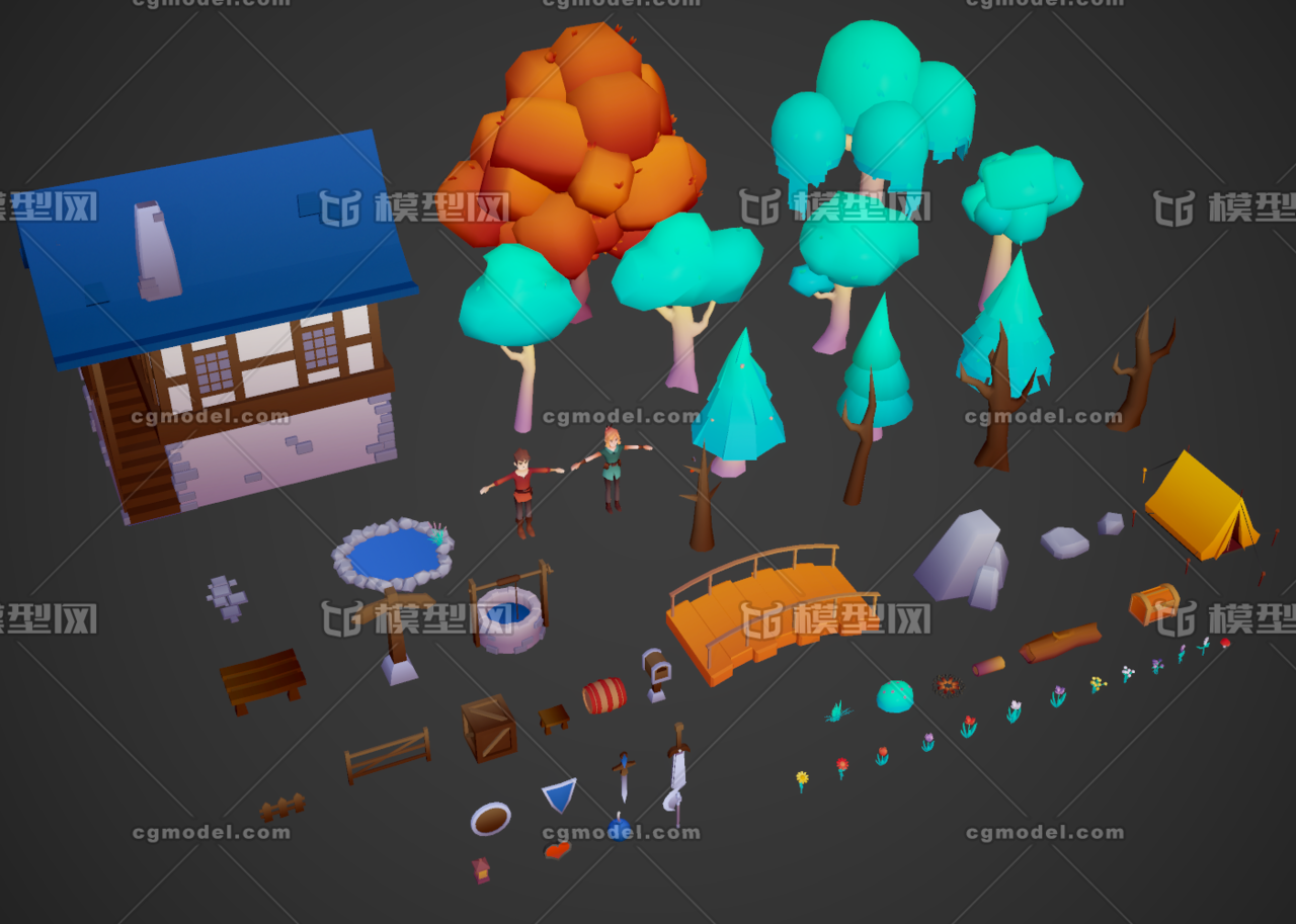 手绘q版 卡通 lowpoly 可爱 丛林部件 冒险类游戏 植物 花草树木 帐篷