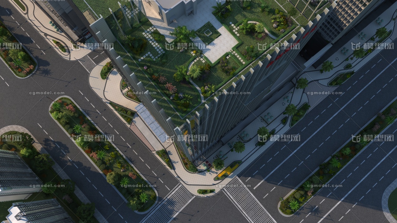写字楼俯视 商业 园林景观 植被灌木 高端写字楼场景 小路 公园绿植