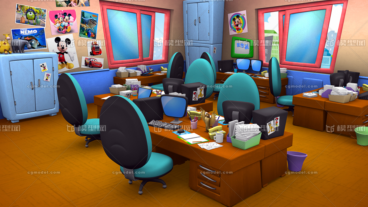 q版 办公室模型 卡通室内场景 工作室 动画场景 带材质贴图 桌子 椅子