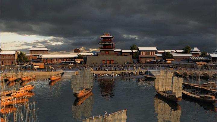 古建 古城鸟瞰 古代码头 古镇 古代建筑群 古城池 港口动画 古代水运