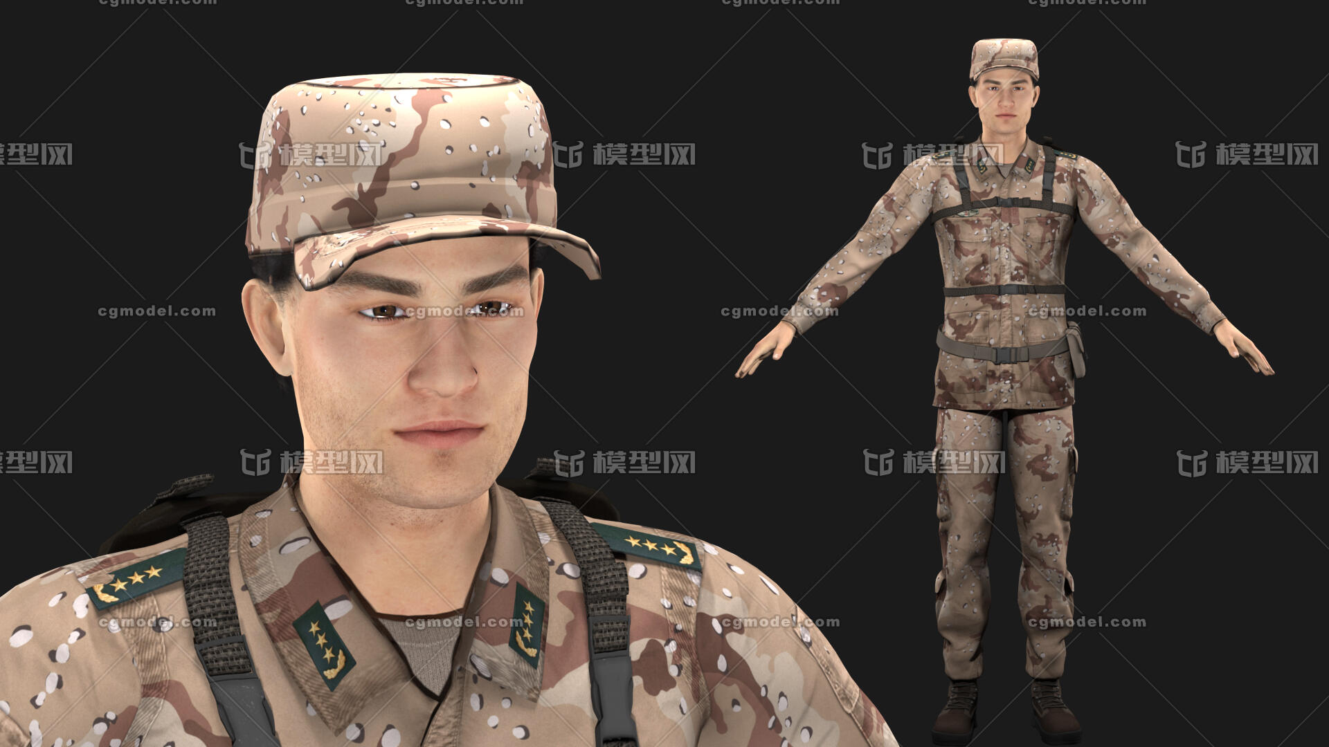 写实军人(有骨骼表情口型绑定) 陆军 现代军人 陆军士兵 迷彩服战士